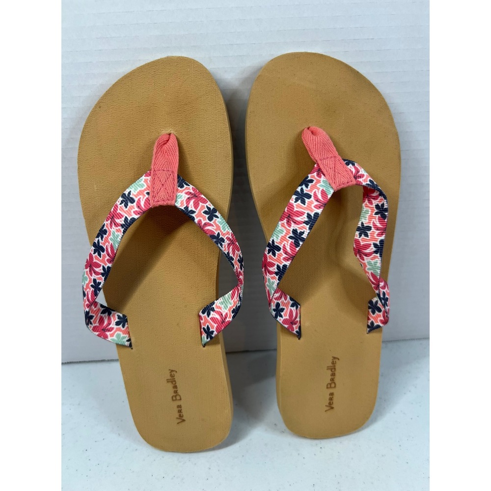 Vera Bradley Women Floral Print Flip Flop Sandals Pink Navy Tan Size Medium